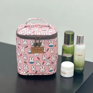 Pink cute rabbit print cosmetic bag, waterproof insulated portable lunch bag for daily use.
