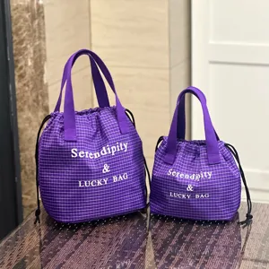 Sac à repas à cordon à carreaux violets, sac cabas étanche isotherme pour le travail.