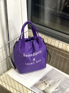 Sac à lunch imperméable à cordon quadrillé violet sac bento portable isotherme