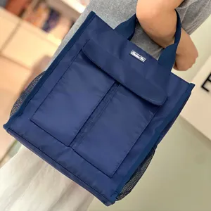 Large capacity multi-pocket canvas tote bag student document handbag meal pouch.