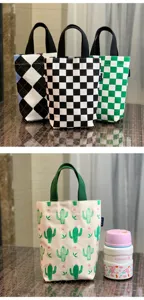 Minimalist canvas handbag lunch bag insulated cup holder check cactus print casual daily use.