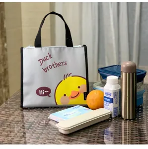 Nahaufnahme der grauen isolierten Lunchtasche mit niedlichem Enten-Print und praktischem Griff.