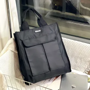 Black multi-pocket tote bag, large capacity canvas document bag, student casual handbag.