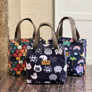 Waterproof Oxford Cloth Lunch Bag Cartoon Print Portable Insulated Lunch Box Bag Student Commuter Picnic Storage Bag