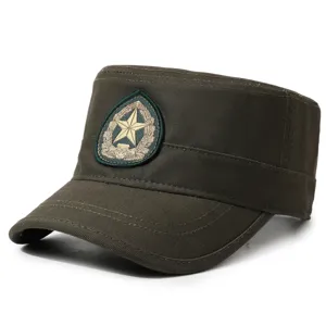 Green military cadet cap with embroidered star, durable cotton flat top hat for outdoor sports.