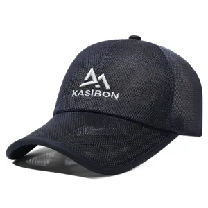 Breathable mesh baseball cap detail, lightweight dark blue fabric, comfortable outdoor sun hat.
