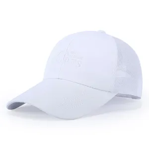 White breathable mesh baseball cap for men, summer outdoor sports sun hat with embroidery.