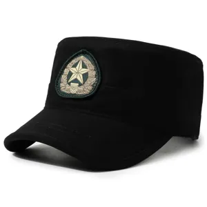 Black flat top military cap with embroidered star badge for outdoor sports and training.