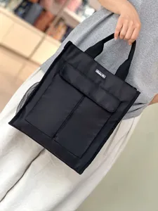 Black multi-functional canvas tote bag, large capacity student document bag with multi pockets.