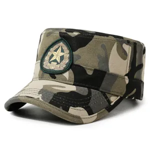 Camouflage flat top military hat with star embroidery, tactical outdoor sun protection cap.