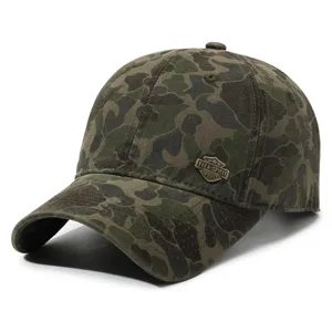 Washed distressed camo baseball cap for men and women, casual soft top outdoor sun visor hat.