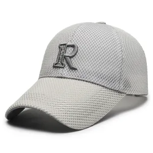Close-up view of the breathable mesh cap detail showing the front embroidered R letter design.