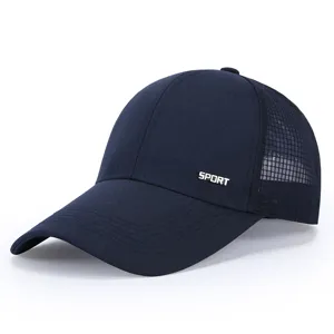 Close-up detail of the breathable mesh baseball cap, showing dark blue fabric and metal sport logo.