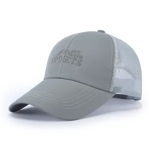 Grey mesh baseball cap detail view, breathable fabric, front embroidery sports logo.