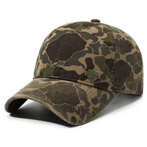Classic vintage washed camo baseball cap for men and women, outdoor casual sun protection hat.