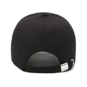 Close-up rear view of black baseball cap featuring adjustable silver metal buckle strap.