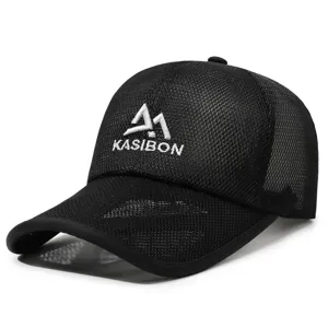 Close-up detail of black breathable mesh baseball cap for men, summer outdoor sports sun hat.