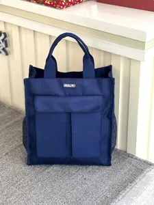 Multifunctional large capacity dark blue tote bag with multiple pockets for daily school use