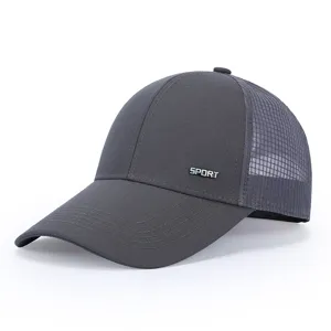 Dark gray mesh baseball cap for men, breathable summer sun hat with metal sport logo detail