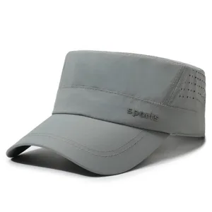 Graue Herren Schnelltrocknende Flache Kappe mit Belüftungslöchern und Sport Frontdruck.