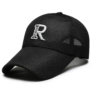Detailed view of the black breathable mesh baseball cap featuring 3d white letter embroidery.