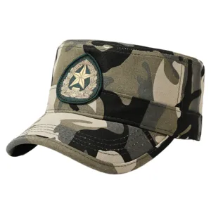 Camouflage flat top cap military tactical hat with star embroidery for outdoor sports and hiking.