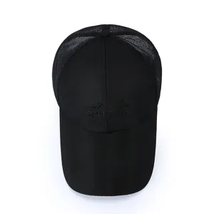 Detailed view of the black breathable mesh baseball cap, showing front embroidery and texture.