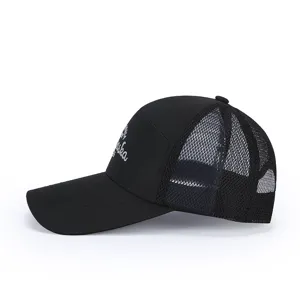 Casquette de baseball trucker en maille noire, protection solaire respirante brodee vue detail