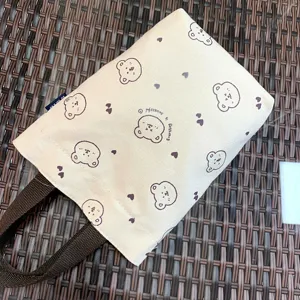 Canvas thermos cup tote bag with cute bear pattern portable lunch bag for daily use