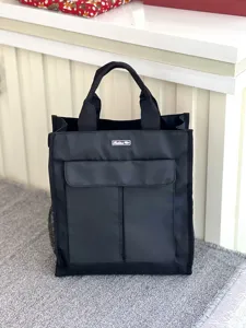 Black multi-pocket functional handbag student document bag large capacity book tote bag.