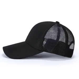 Detailed side view of black mesh baseball cap with extended brim and front embroidery.