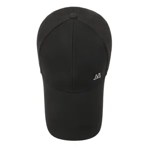 Classic black long-brim baseball cap featuring metal M logo, ideal for outdoor sun protection.