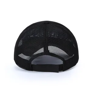 Detailed back view of the black mesh baseball cap, showing the adjustable velcro strap design.