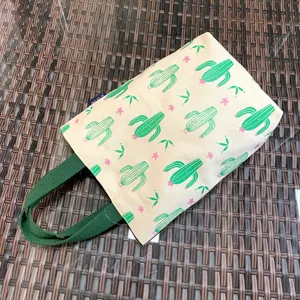 Canvas cactus print tote bag portable thermal cup pouch office snack handbag detail view