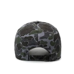 Detailed rear view of a washed camo baseball cap with adjustable metal buckle strap.