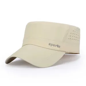Beige men's quick-drying flat top sun visor hat with breathable side holes for outdoor.