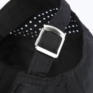 Black quick-drying mesh cap adjustable metal buckle detail showing summer breathable casual hat outdoor sun