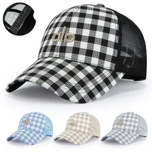 Unisex Plaid Mesh Baseball Cap Adjustable Outdoor Sun Protection Hat Casual Letter Embroidery Sports Snapback Cap