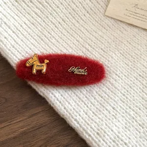Autumn winter retro red plush hair clip with gold horse charm sweet hair accessory for women