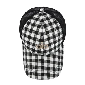Black and white gingham mesh baseball cap featuring front letter embroidery casual sun hat