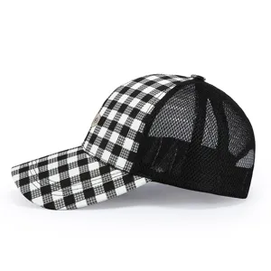 Black and white plaid baseball cap with breathable mesh back, casual outdoor sun hat for men.