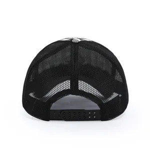 Back view of a classic black mesh trucker hat featuring an adjustable plastic snapback strap.