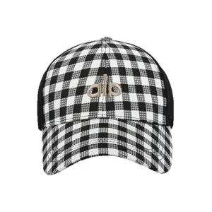 Black white checkered baseball cap with embroidered letter, stylish outdoor sun hat.