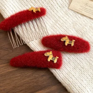 Red plush hair clips set for autumn winter featuring cute gold horse decor daily sweet hair accessories.
