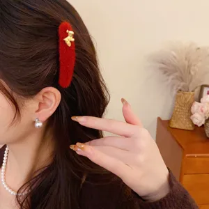 Red plush hair clip with gold pony charm autumn winter retro cute hairpin for women daily