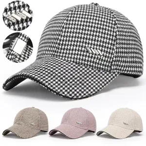 Women Fashion Houndstooth Baseball Cap Rhinestone Decorated Double Layer Warm Casual Sport Adjustable Hat