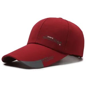 Detail view of the burgundy canvas baseball cap with extra-long brim and sporty letter prints.