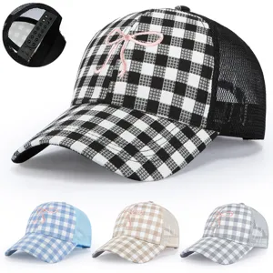 Casquette de Baseball en Mesh Été pour Femmes Mignon Nœud Papillon Broderie Carreaux Protection Solaire Ajustable Décontracté Chapeau Visière Extérieur