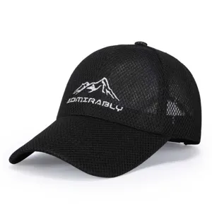 Detailed view of black mesh baseball cap with mountain embroidery and breathable fabric.