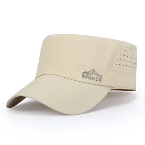 Detailed side view of the khaki flat top sport cap featuring breathable laser cut holes.